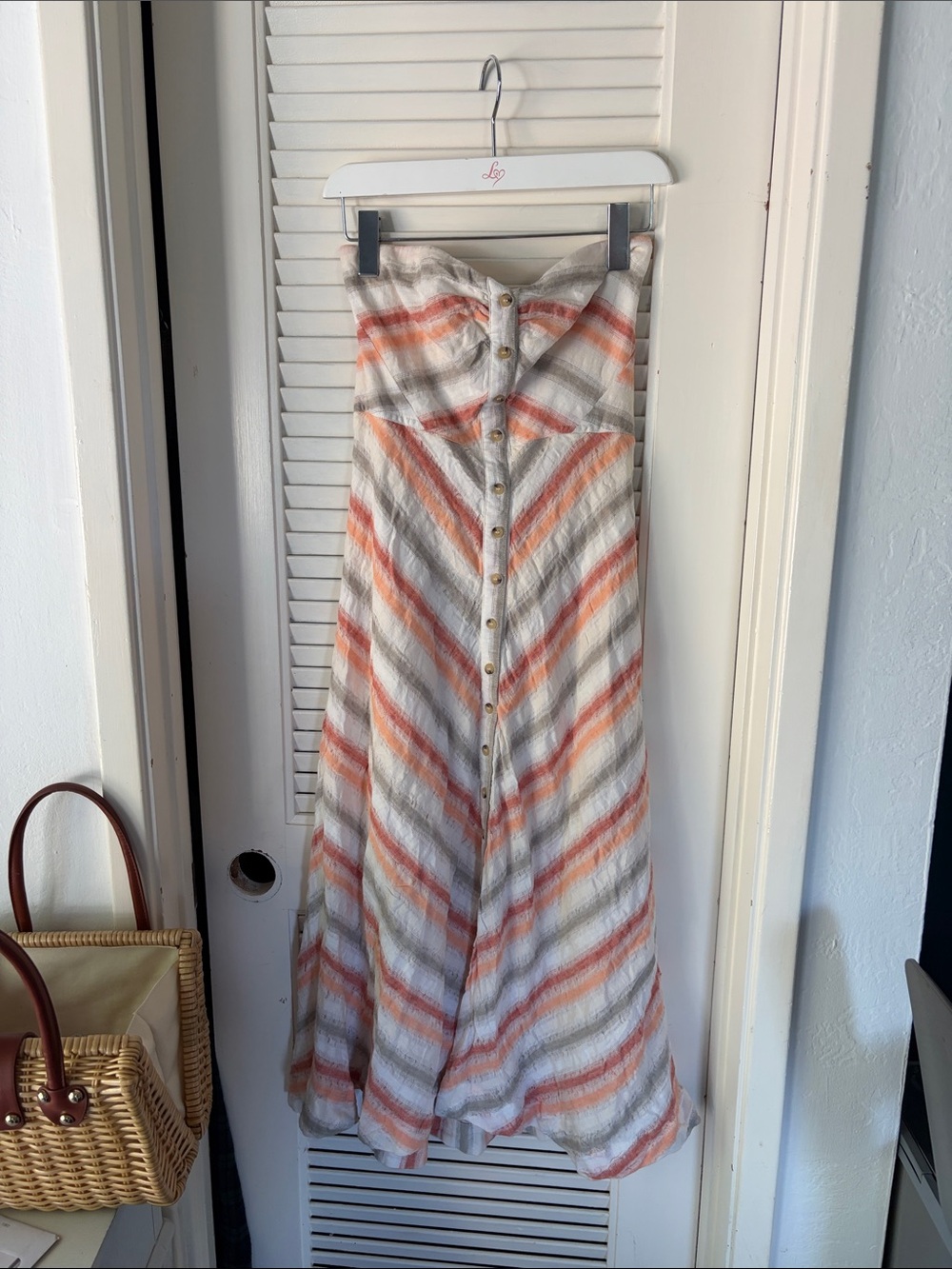 Cotton, linen Free People Striped Button-Front Maxi dress in Coral, Cream